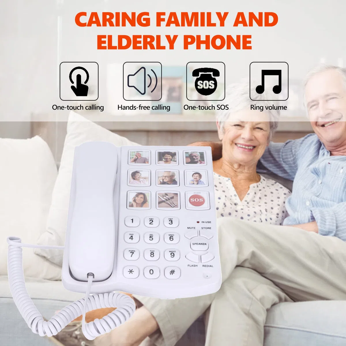 Teléfono Fijo sobremesa con Teclas Grandes, Volumen Alto, Manos Libres, Botón SOS y Silenciar Almacenar Altavoz Flash Rellamada, Teléfono de sobremesa con Memoria fotográfica para Personas Mayores