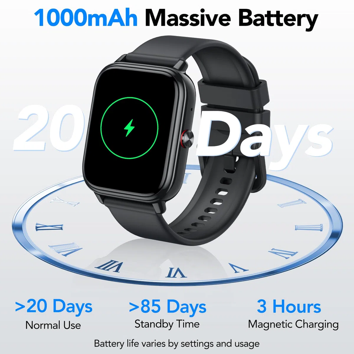 Reloj Inteligente Hombre Mujer, 1.83"HD Smartwatch con Llamadas Bluetooth, Batería de 1000mAh, Autonomía de 20 Días, Impermeable IP68, 110+ Deportivos Modos, Reloj Deportivo para Android iOS