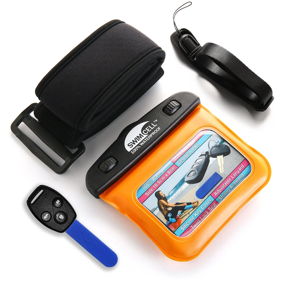 Funda Impermeable De Llave Coche para Natación – Funda para Llaves, Llavero, Dinero MP3. Brazalete Ajustable Y Cordón para Cuello Brazo Muñeca O Tobillo para Nadar Surfear Y Correr. IPX8.
