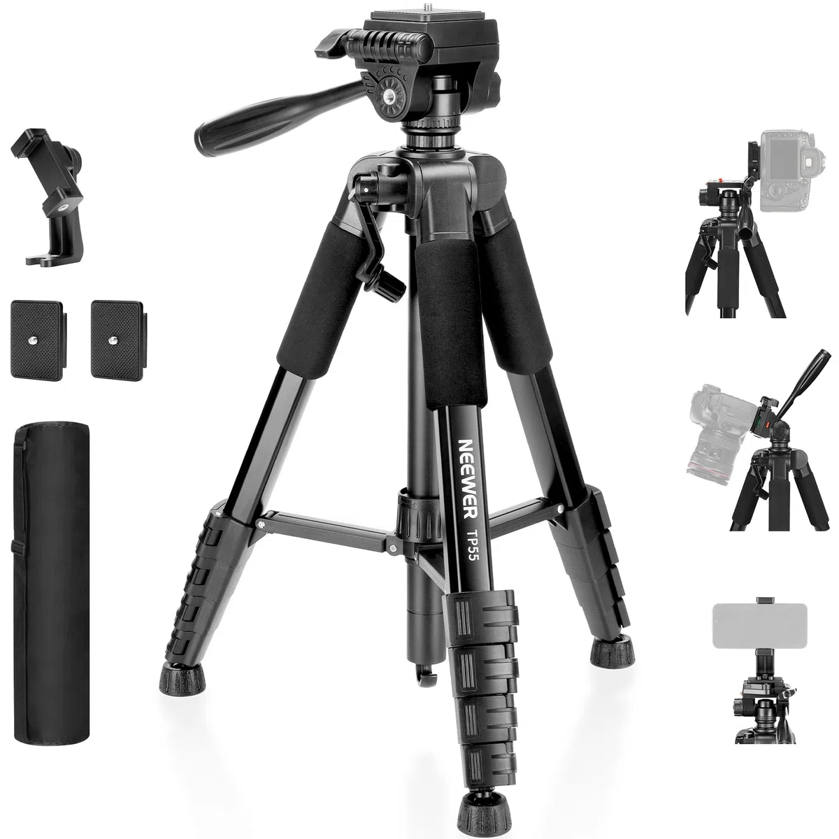 NEEWER BÁSICO Trípode Cámara, 71'' Trípode con Soporte Móvil Montaje Compatible con iPhone para Grabación Vídeo, Soporte Viaje Portátil Ligero Profesional Aluminio con 3 Way Pan Tilt Head, TP55