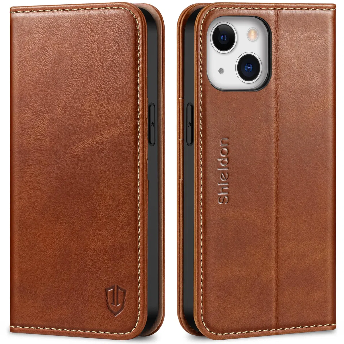 SHIELDON Funda Compatible con iPhone 13, Carcasa Cuero Genuino para iPhone 13 con Cáscara de TPU, Soporte Plegable, Bloqueo RFID, Funda Tapa Libro para iPhone 13(6.1"), Retro Marrón