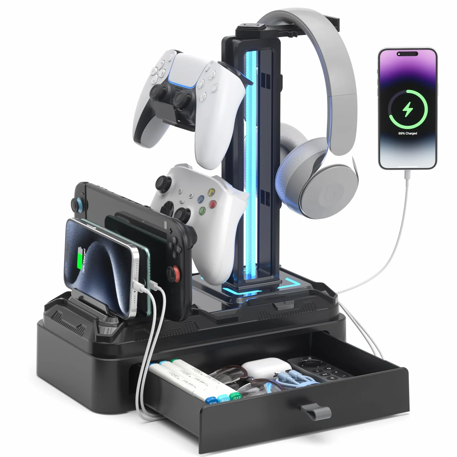 KDD Soporte Auriculares Gaming con Cargadores USB A Tip C, Soporte Cascos Gaming & Soporte Mandos PS5 Extraíble con Cajón para Móviles Tabletas para Escritorio Gamer Accesorios Gaming PC