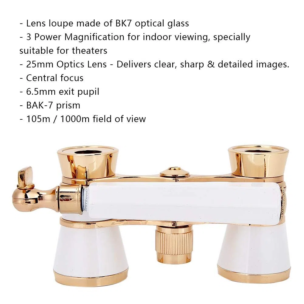 Binoculares para ópera, Gafas de ópera de Enfoque Central 3X25 Binoculares Gafas de Teatro con Prisma BAK-7 y asa para Adultos Mujeres en Concierto Teatro Ópera(Oro Blanco)
