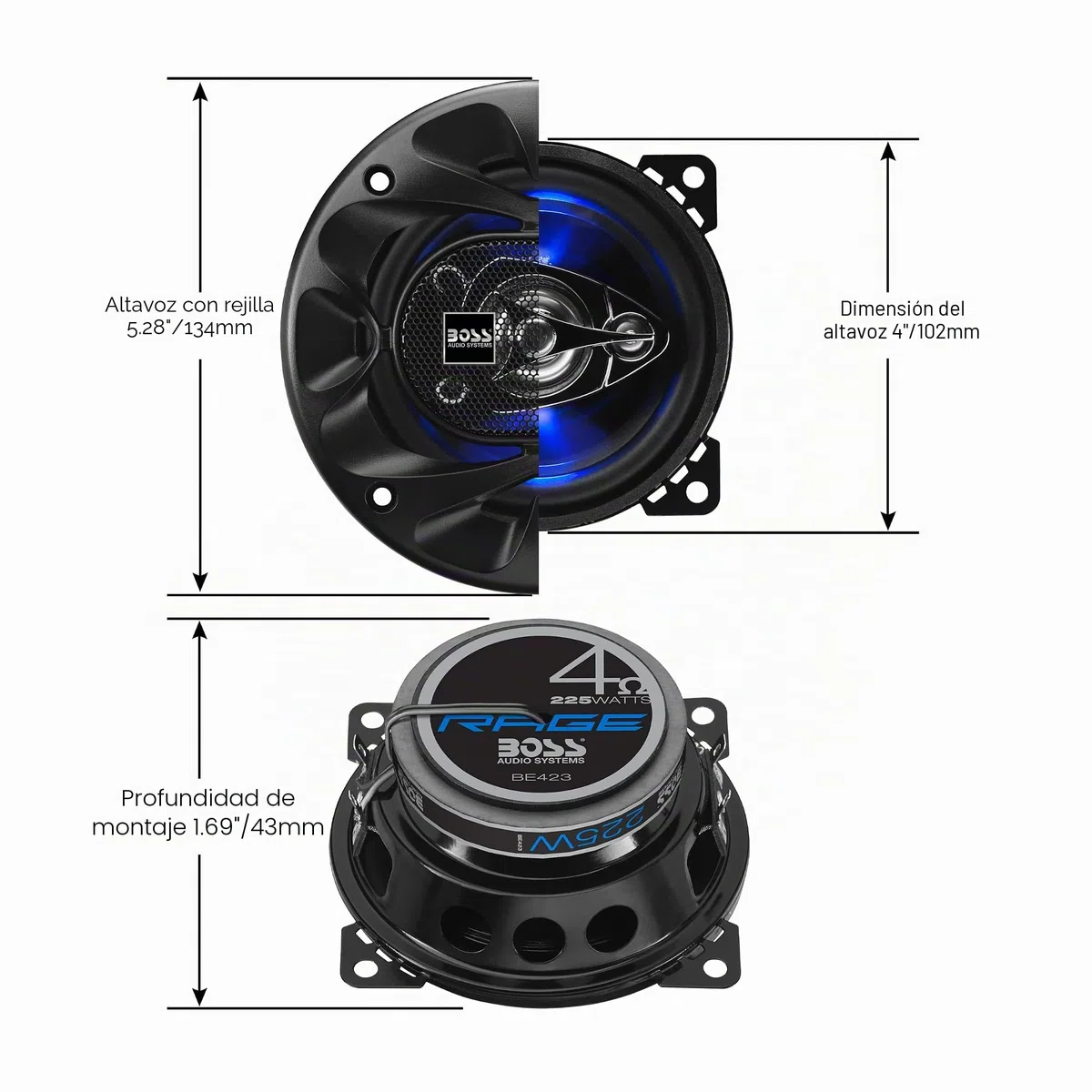 Boss Audio Systems Rage 4" 3-way 225W Full Range Speaker De 3 vías 225W altavoz audio - Altavoces para coche (De 3 vías, 225 W, 4 Ω, 90 dB, 100 - 18000 Hz, 1,75 cm)