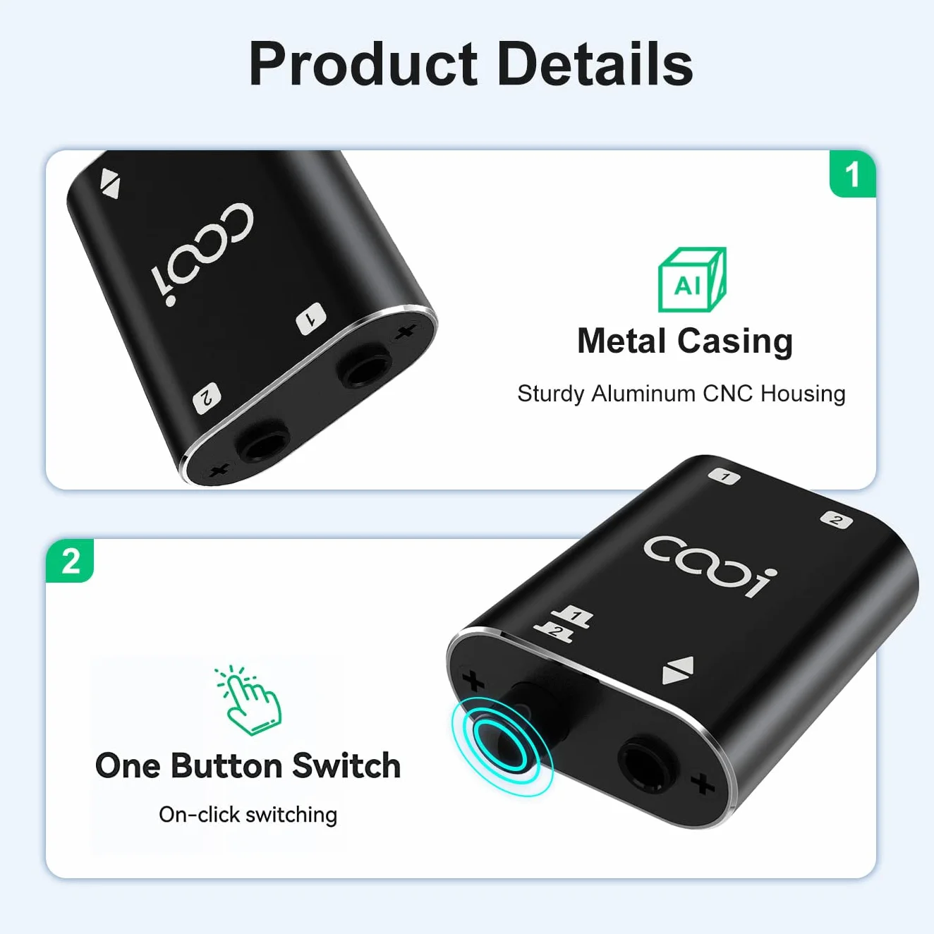 COOIDEA Conmutador de Audio Estéreo de 3.5mm 2 (1)-En-1(2)-out con Cable de Audio de 3,5 mm, Selector de Altavoz de Audio AUX de 2 Puertos para PC Teléfono Portátil Auriculares - Tamaño Mini