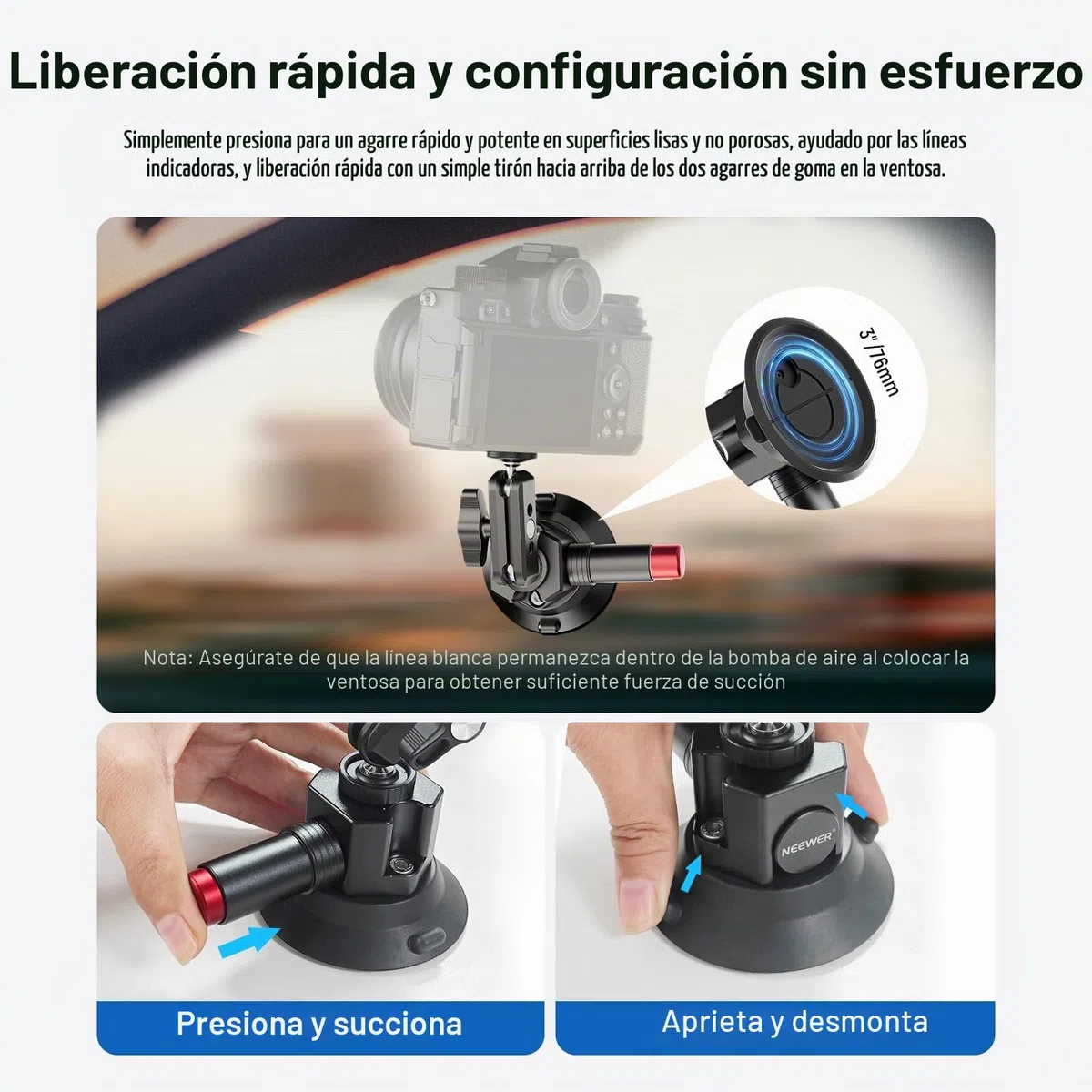 NEEWER Soporte de cámara con ventosa de 3 pulgadas con brazo mágico de cabeza esférica, agujeros ARRI de 1/4 pulgadas, soporte de coche de liberación rápida con soporte y adaptador de cámara de acción