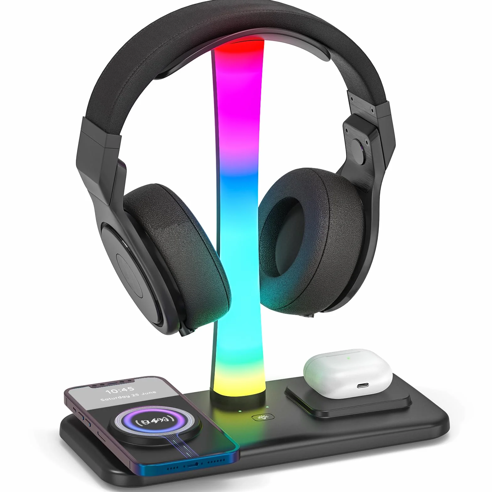 3 en 1 Soporte Auriculares, Soporte Cascos Gaming RGB con Cargador Inalámbrico, Soporte Auriculares para Juegos con 9 Modos de Luz con 1 Puerto USB y 2 Puertos Tipo C