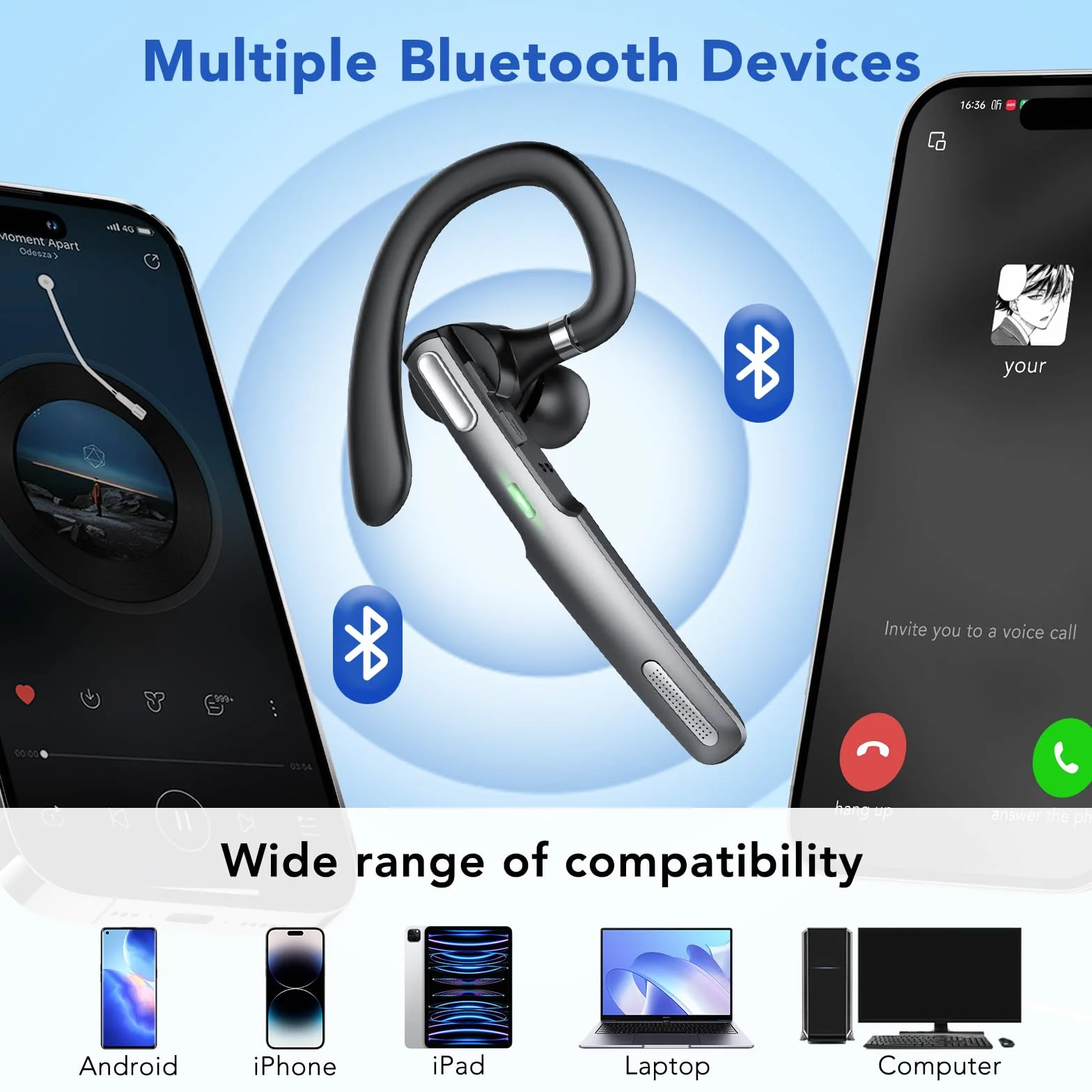 Auricular Inalámbrico Bluetooth V5.3 con HD CVC8.0 micrófono cancelación, Manos Libres Auricular Bluetooth con LED, 100 Horas de Tiempo de Conversación para Conducir/Negocios/Oficina