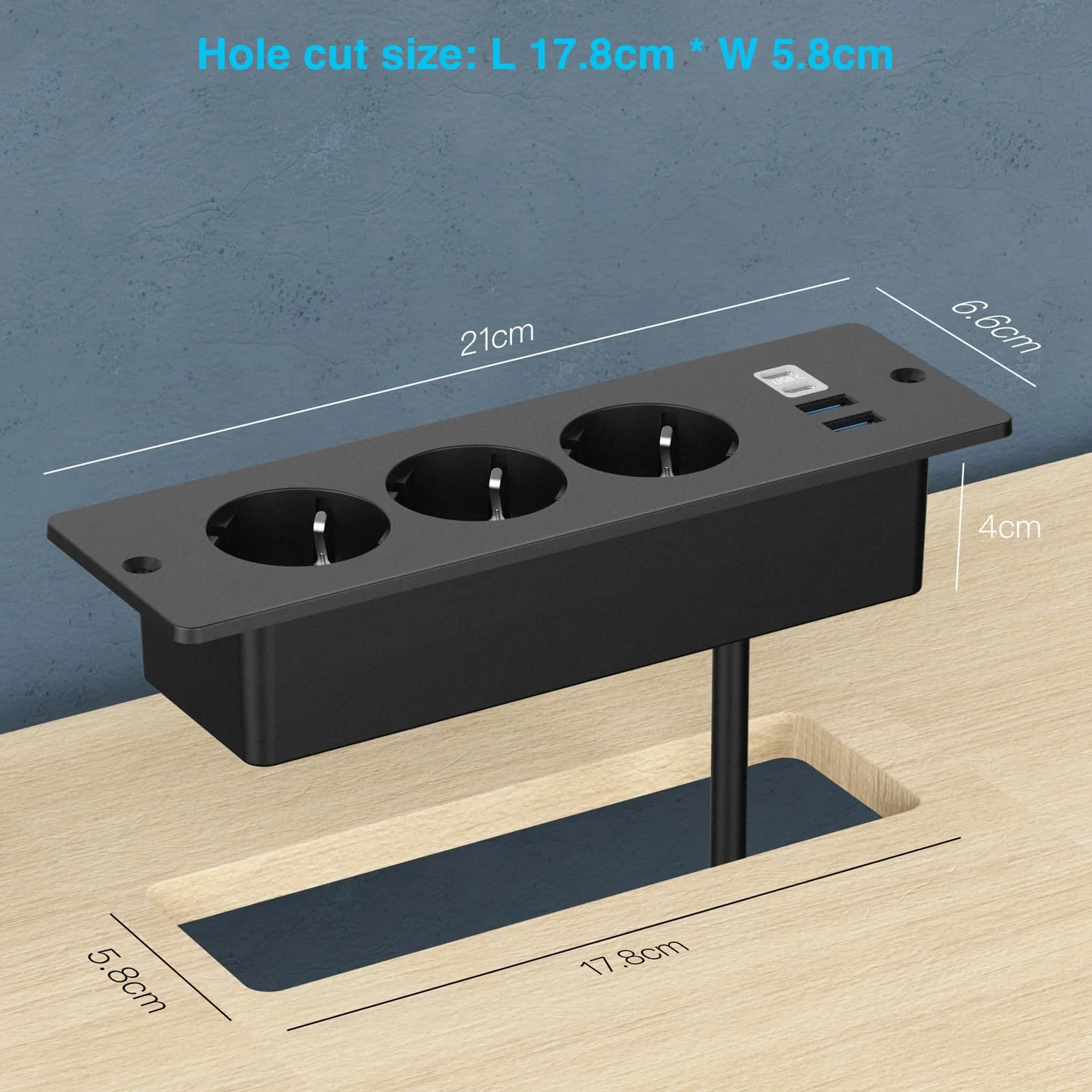 Toma de Empotrar de Sobremesa con 2 USB y 2 Type-C, Regleta Empotrable de 3 Vías con Cable de 2m, Toma de Sobremesa, Toma Múltiple para Muebles o Superficies de Trabajo, Negro