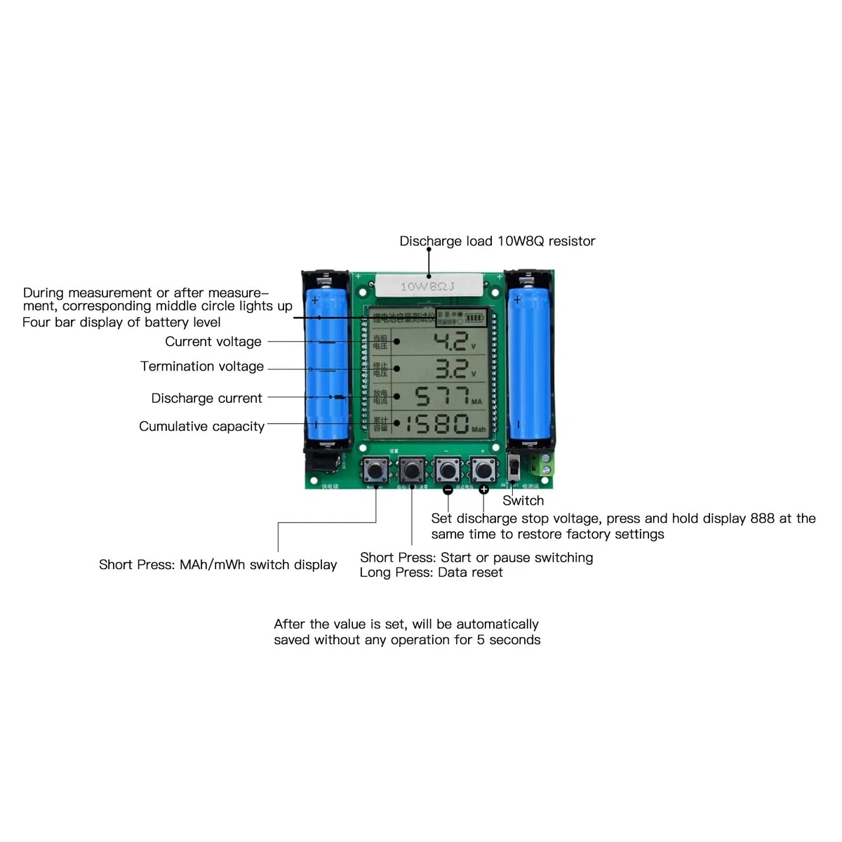 Probador de capacidad de batería de litio, medidor de capacidad real de descarga de batería de litio, módulo de medición digital MaH MwH de alta precisión para 18650 XH M239