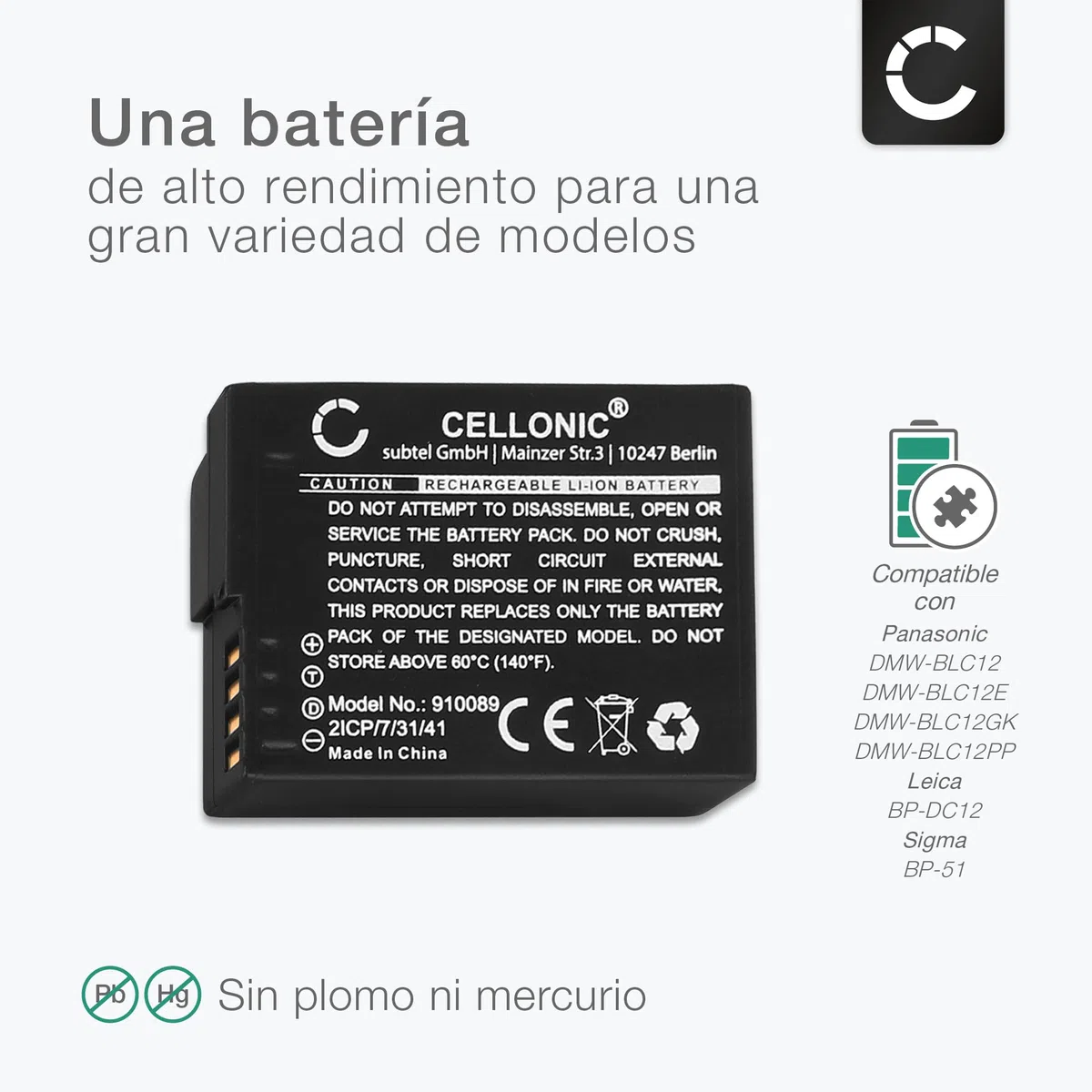 CELLONIC 1x Batería para Cámara Compatible con Panasonic Lumix DMC-FZ1000, Lumix DMC-FZ300, Lumix DMC-FZ2000, DMW-BLC12 - (1000mAh, 7.4V)