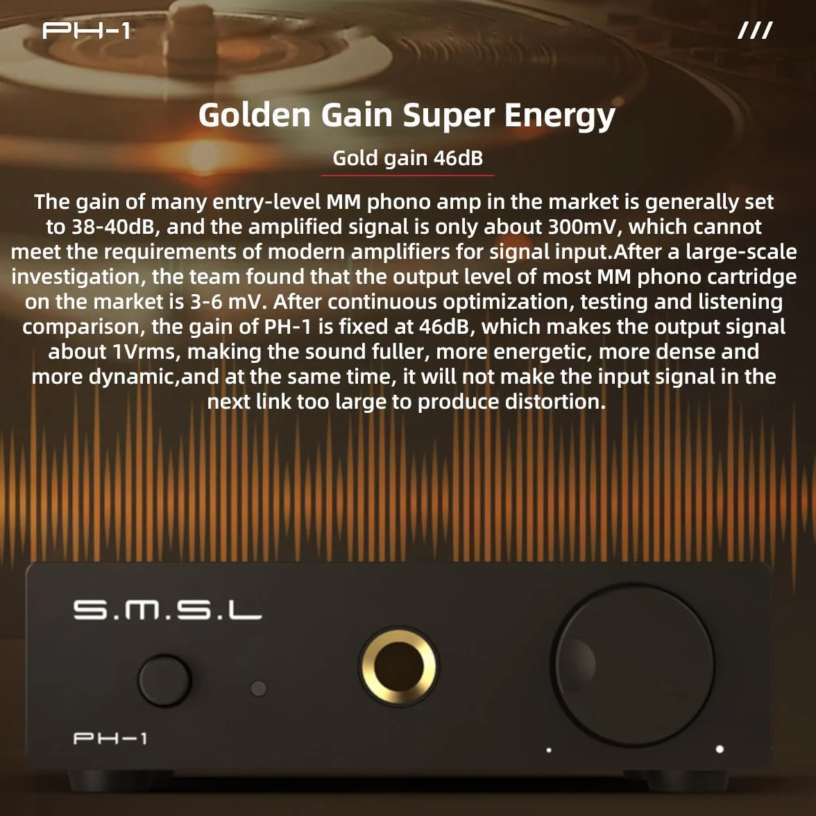 SMSL PH-1 MM Preamplificador de fono para tocadiscos, salida RCA/auriculares 6,35 mm, preamplificador de audio doméstico