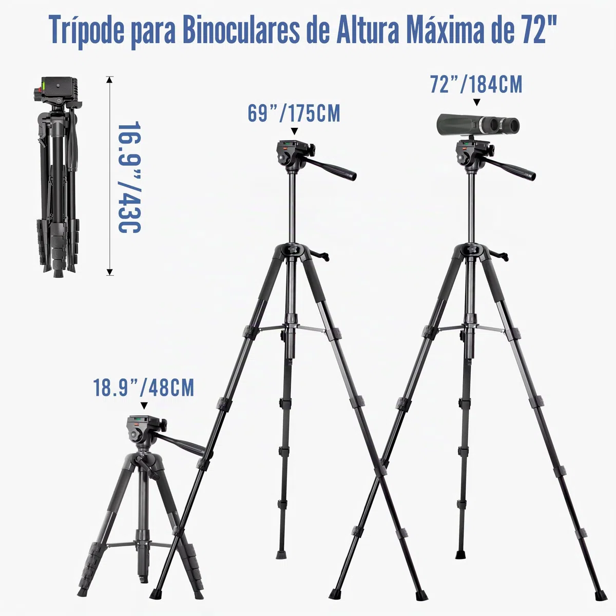 Trípode para prismáticos, trípode para telescopio terrestre de 183 cm con adaptador para prismáticos y 2 placas de liberación rápida, soporte de cámara de viaje con soporte para teléfono/bolsa de