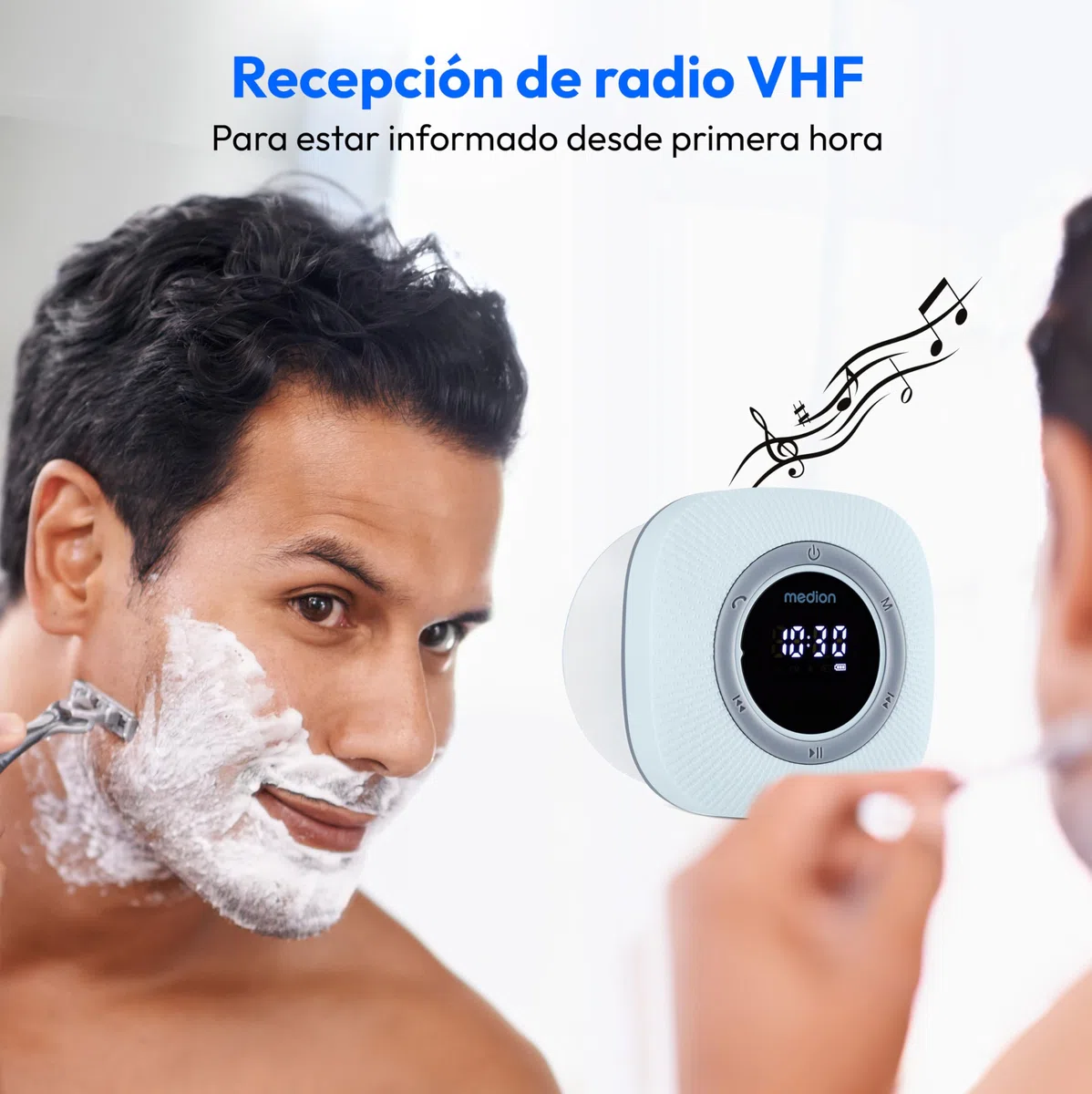 MEDION P66096 Radio de Ducha con Bluetooth (Radio de baño, Radio FM, Ventosa, Pantalla LED, Impermeable IPX6, batería Recargable integrada, MD43884) Azul