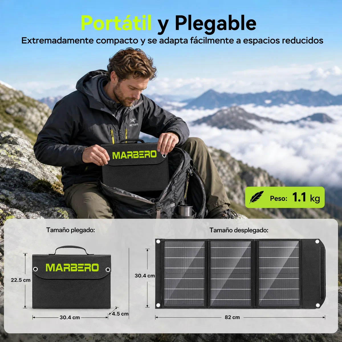 MARBERO Panel Solar Plegable 30W 16.5V, Cargador Solar Compacto y Ligero con Salida QC3.0 USB, Type-C y DC – Ideal para Smartphone, Tablet, Powerbank, Camping, Senderismo y Actividades al Aire Libre