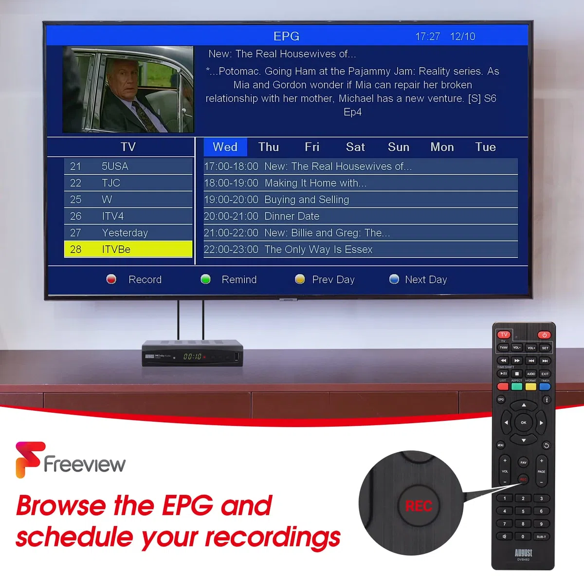August DVB482 Decodificador TDT HD, Mira y Graba DVB-T DVB-T2 TV en Vivo Desde 2 Canales al Mismo Tiempo, Guía de Programas y TimeShift, Receptor TDT HD HDMI para TV- Reproductor Multimedia