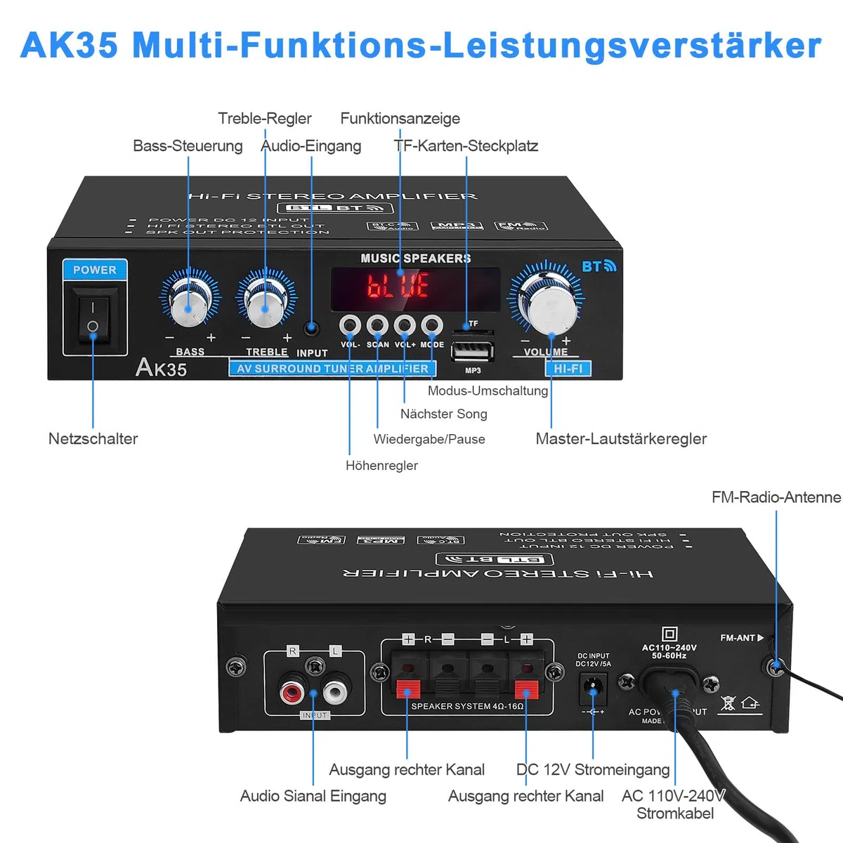 AK35 Amplificador Estéreo HiFi Bluetooth 5.0 Digital Mini Audio 300W 2.0 Canales con Bajo, Sintonizador Treble para Altavoz Home