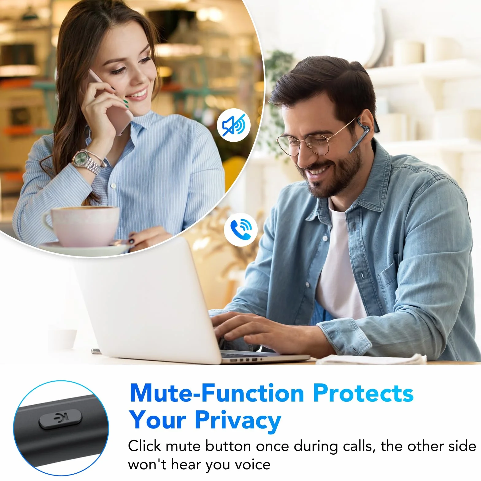 CASCHO Manos Libres Auricular Bluetooth V5.3 con Doble Micrófono Cancelación, 70hrs Talk Auriculares Inalambricos Bluetooth con Pantalla LED, IPX7, para Conducir/Neg