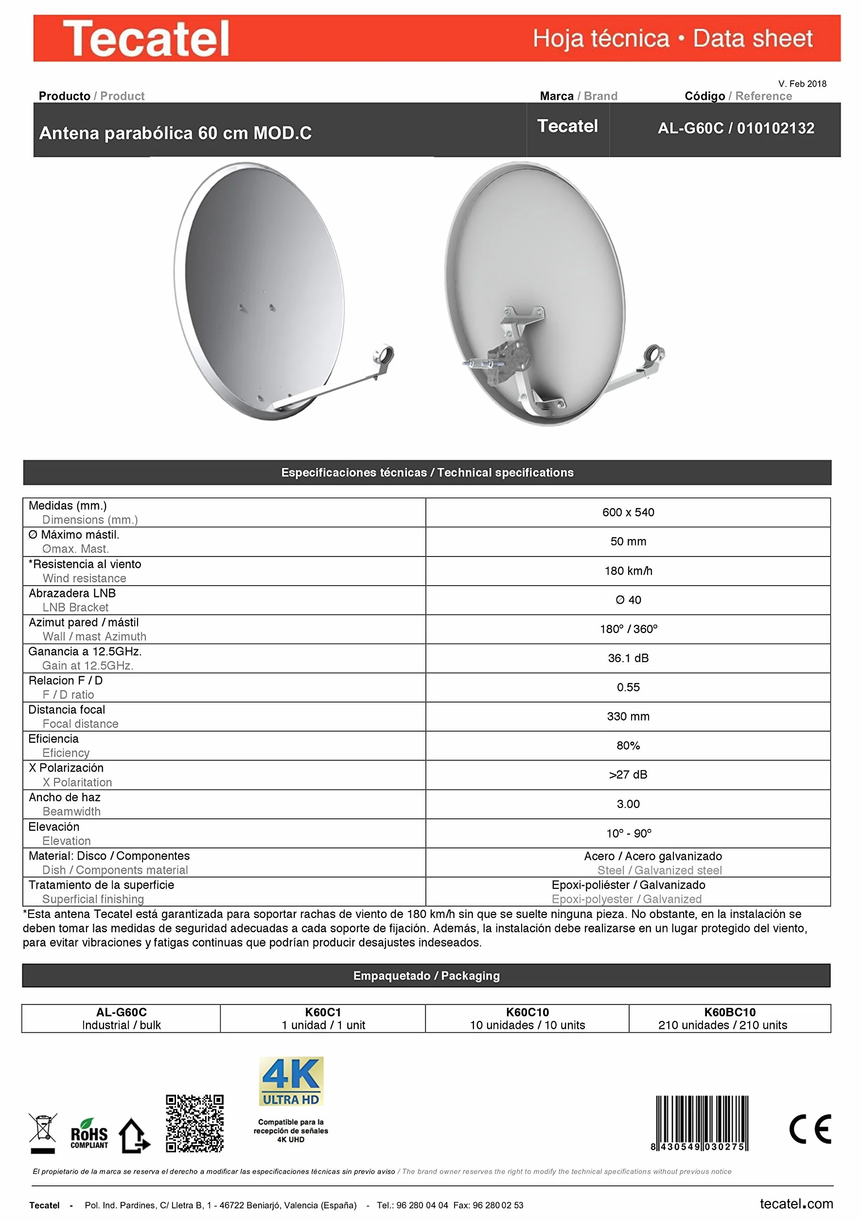 Tecatel K60C1LSCC - Kit parabólica, suporte, LNB Universal, cable y conectores, 60 cm, color blanco