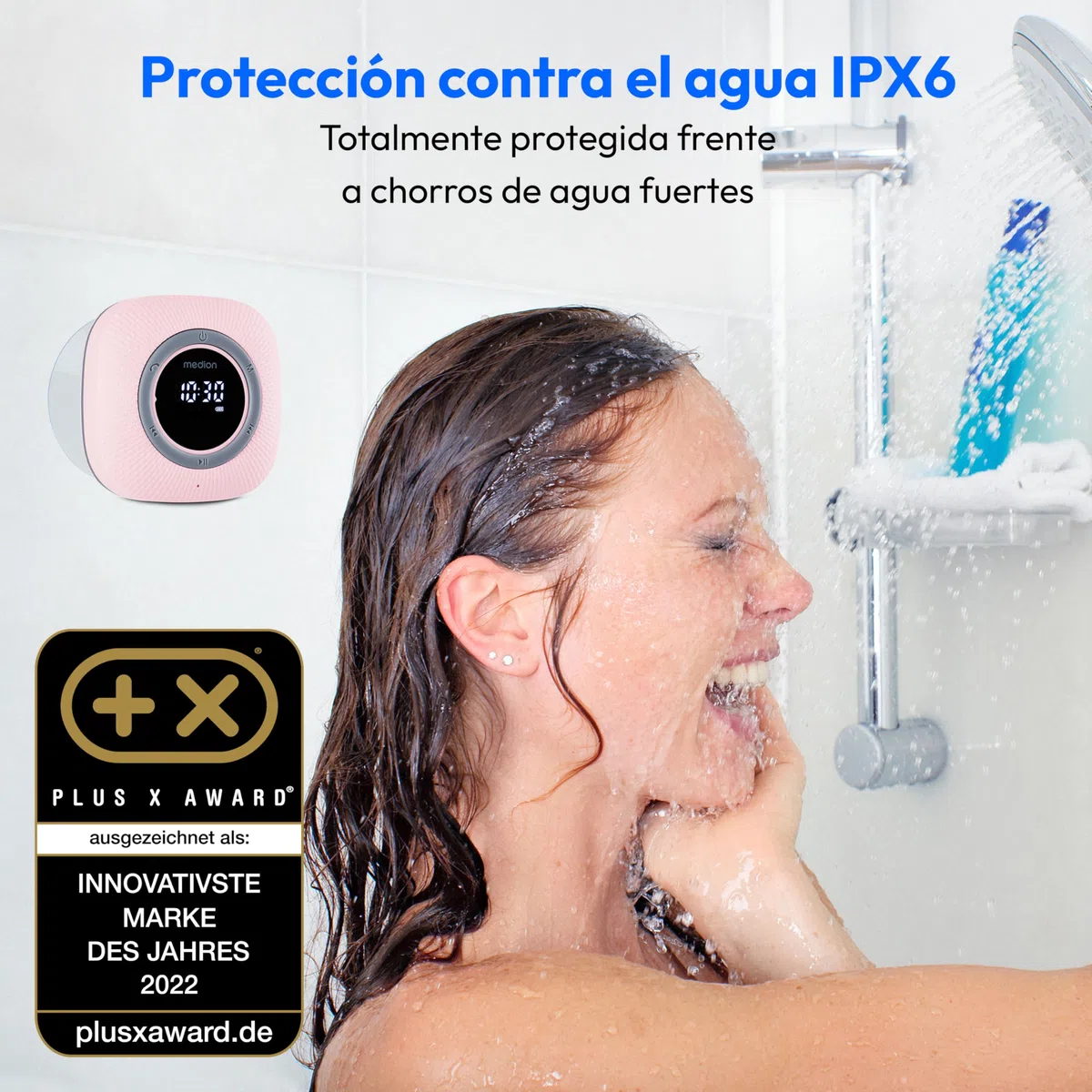 MEDION P66096 Radio de Ducha con Bluetooth (Radio de baño, Radio FM, Ventosa, Pantalla LED, Impermeable IPX6, batería Recargable integrada, MD43884) Rosa