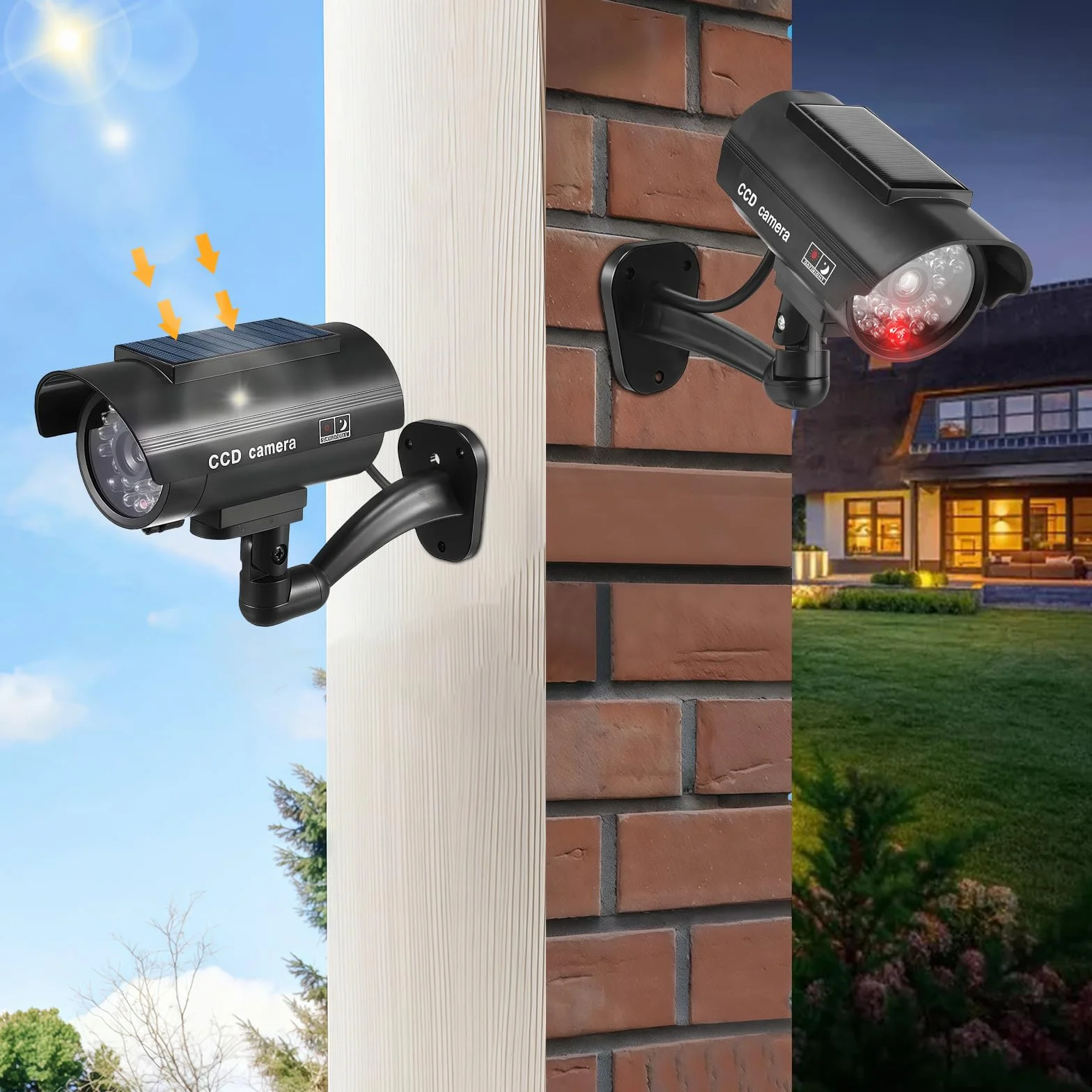 Sporgo 2 piezas de cámara falsa exterior: Cámara solar falsa de vigilancia con luz LED roja intermitente, cámara falsa de vigilancia falsa para interior y exterior (Negro A)