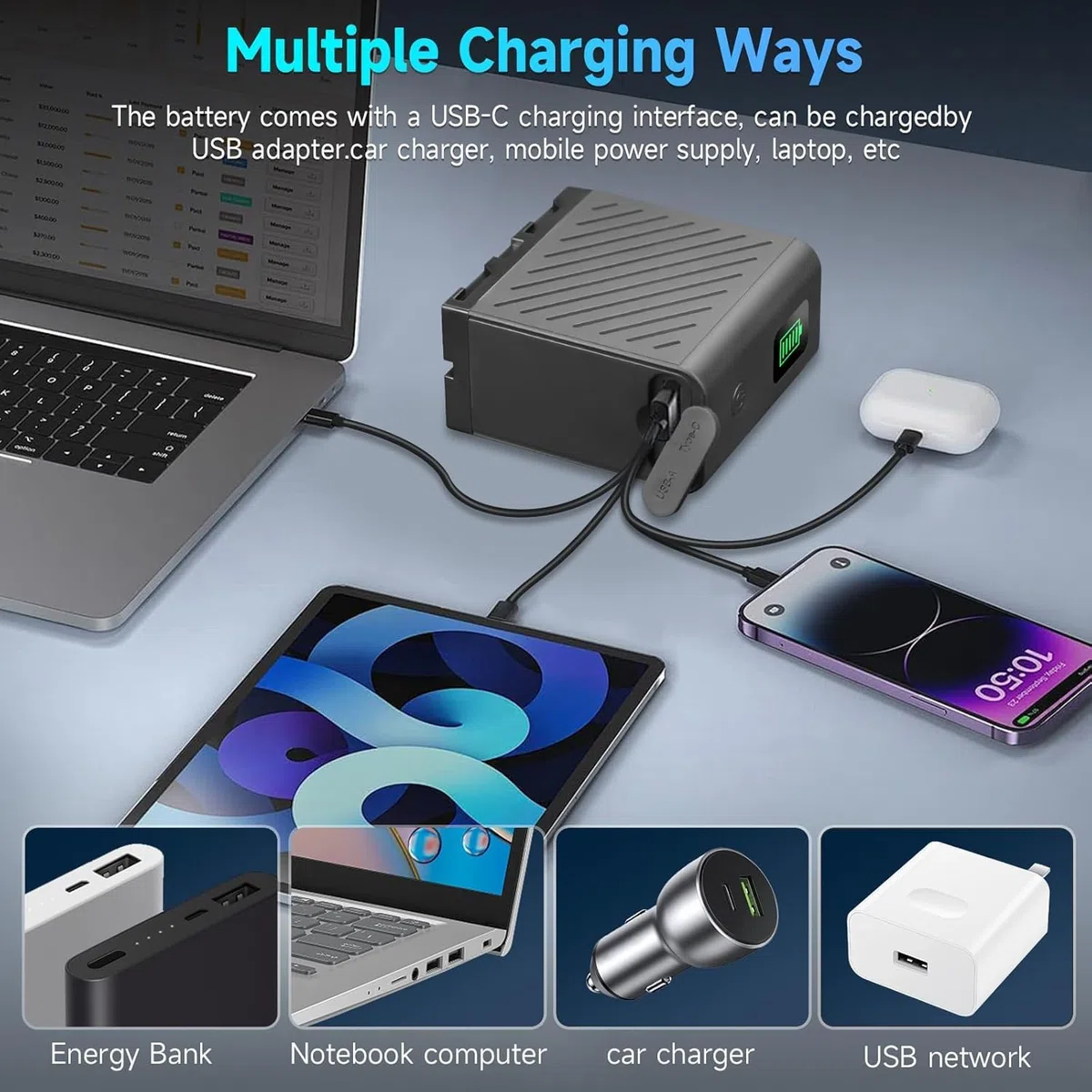 2 Baterías NP-F750 de 6600 mAh con Cable Micro USB para Sony NPF F980 F970 F960 F930 F770 F750 F550 Batería o lámpara de vídeo LED YN660 LED308