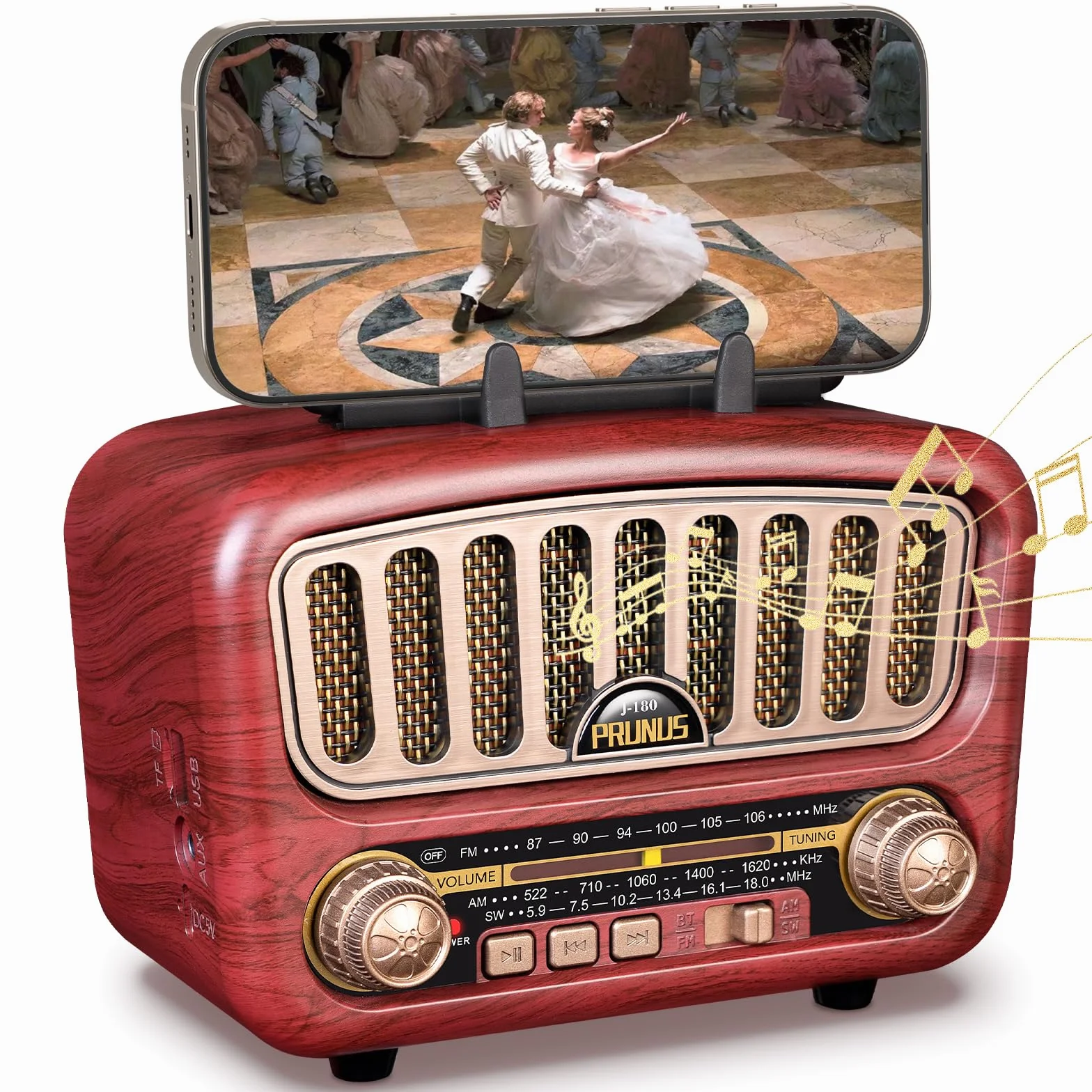 PRUNUS J-180 FM/Am/SW Radio Vintage Retro Woodgrain, Radio Portatil Pequeña Recargable de 1800mAh, Radios Transistor con Excelente Recepción, Altavoz de 5W con Bluetooth 5.0, Soporte USB/TF/AUX.