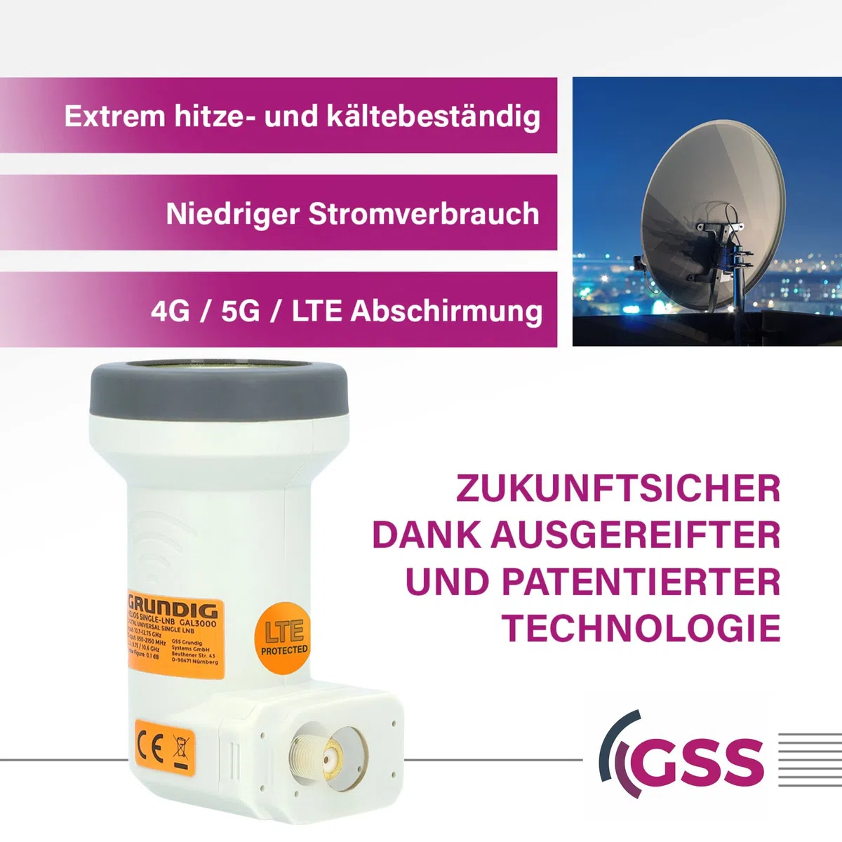 GSS Helios Single LNB con blindaje LTE y protección solar UV, 1 compartimento HD 4K LMB para 1 participante, TV TV, receptor de satélite, LNC para antena parabólica