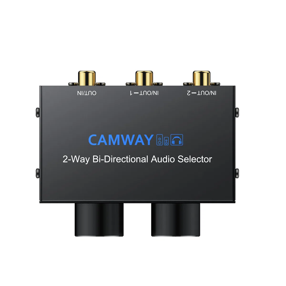 CAMWAY 1x2/2x1 Conmutador de Audio Bidireccional (RCA y 3.5mm) con Control de Volumen e Interruptor Off, Conmutador Estéreo R/L, para Altavoces, Auriculares, Amplificadores, Reproductores de CD