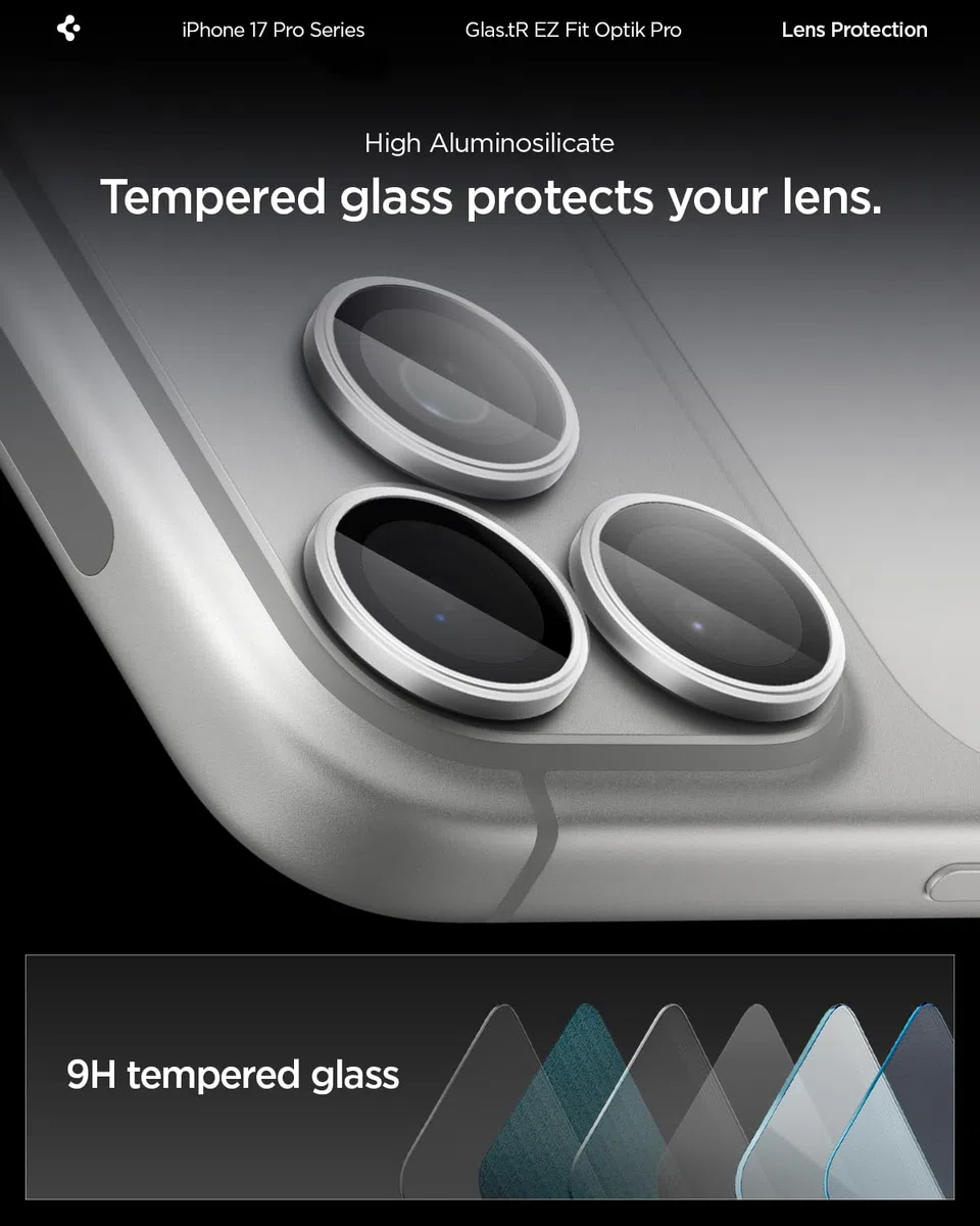 Spigen Glas.tR EZ Fit Optik Pro Protector de Cámara para iPhone 17 Pro, iPhone 17 Pro Max, 2 Unidades, Plata, Protección Individual, Kit de instalación, Dureza 9H, Anti-Arañazos