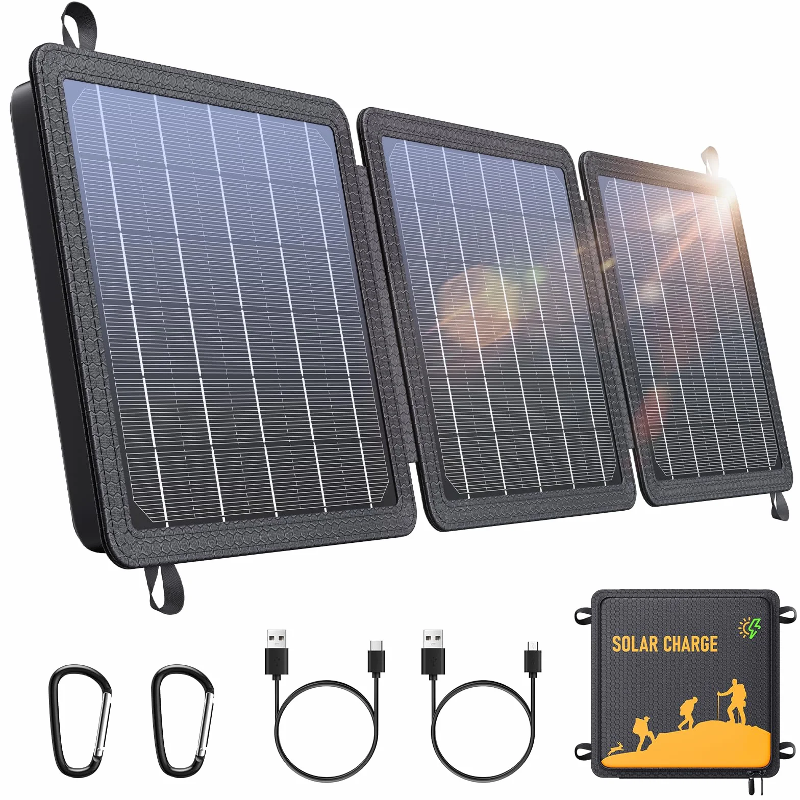 Panel Solar Portatil 15W, Cargador Solar de con Salida USB-C/USB Compatible con Teléfonos y Tabletas, Eficiencia de Conversión del 24%, Impermeable IPX4 para Camping y Emergencia Apagones
