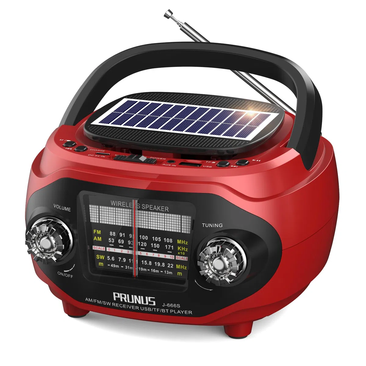 PRUNUS J-666 Transistor Radio Portatil FM/Am/SW, Radio Solar y Recargable de 1800mAh, Radios Bluetooth con Altavoz 15W, Graves Potentes y Sonido Estéreo, Soporta USB/TF/AUX, para Cocina/Salón/Jardín.