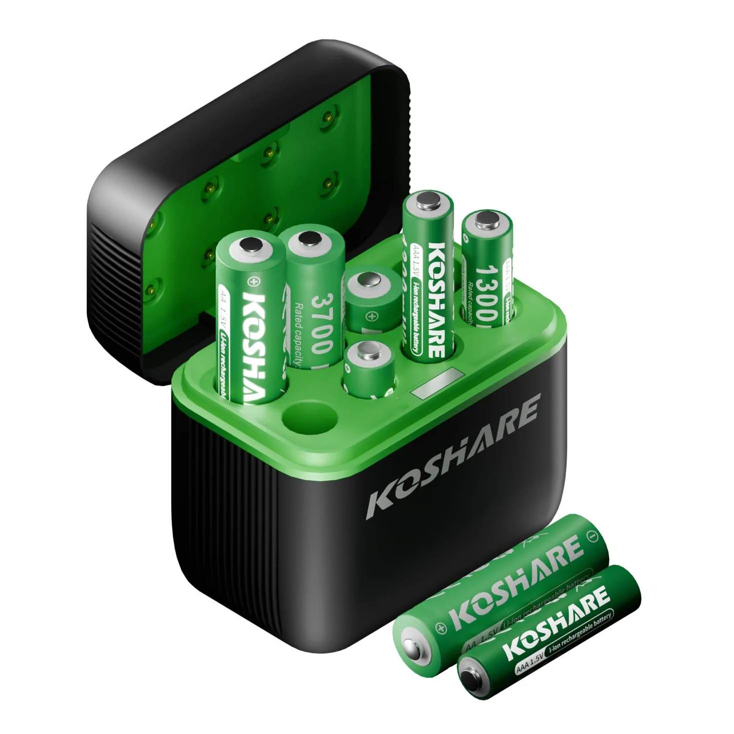 Pilas recargables de litio AAA de 1,5 V AA con cargador, 4 unidades de 3700 mWh doble A y 4 unidades de 1300 mWh triple A de alta capacidad, recargables hasta 1200 veces (negro y verde)
