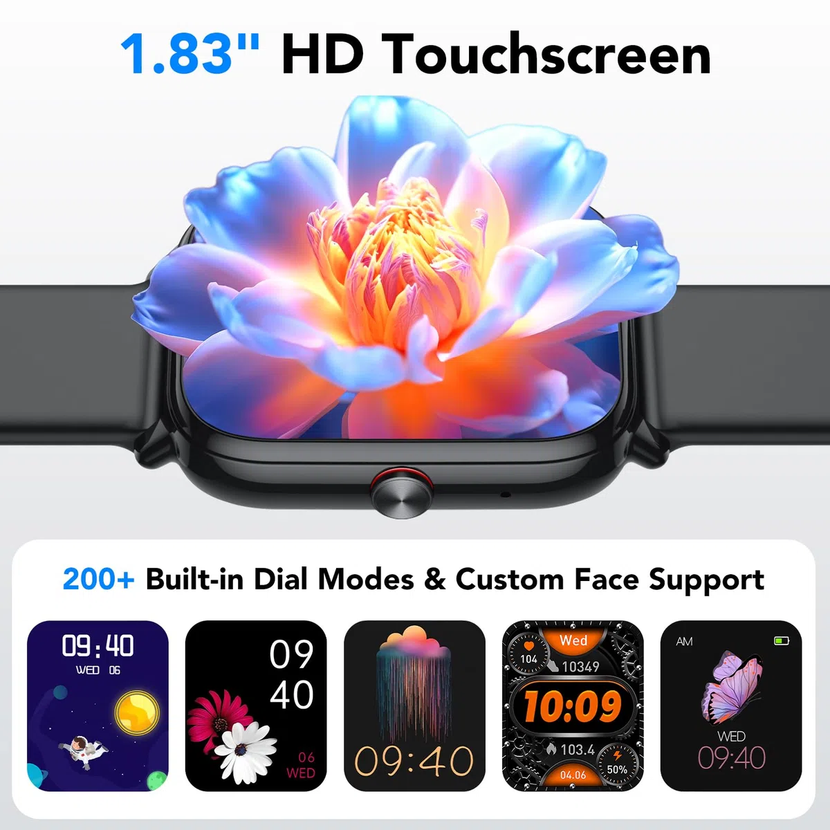 Reloj Inteligente Hombre Mujer, 1.83"HD Smartwatch con Llamadas Bluetooth, Batería de 1000mAh, Autonomía de 20 Días, Impermeable IP68, 110+ Deportivos Modos, Reloj Deportivo para Android iOS