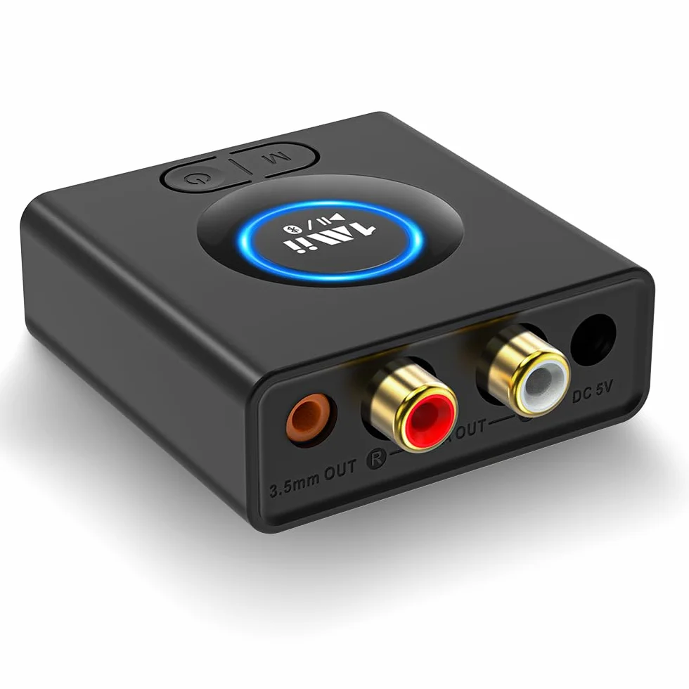 1Mii Receptor Bluetooth HiFi para Sistema Estéreo, Adaptador Audio Inalámbrico AUX/RCA Jack 3.5 con Refuerzo de Graves, Baja Latencia, 12H Autonomía para Amplificador, Coche y Altavoz