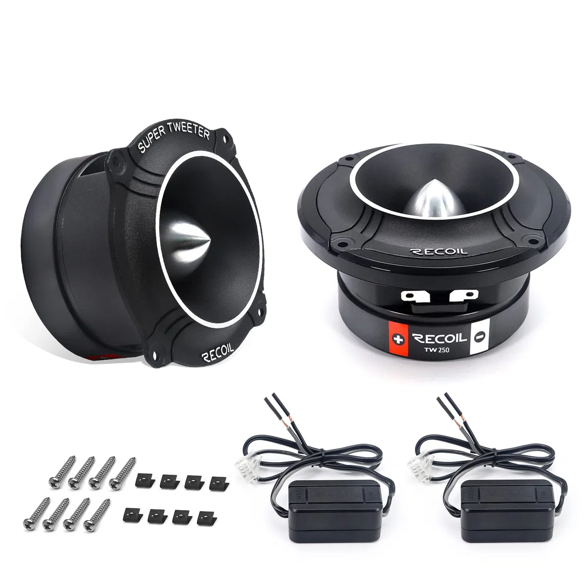 RECOIL TW250 Super tweeters Tipo Bala 3.5" (96mm) para Auto, Alta Compresión, Bobina de Voz Kapton, Aluminio, 400W Máx / 200W RMS