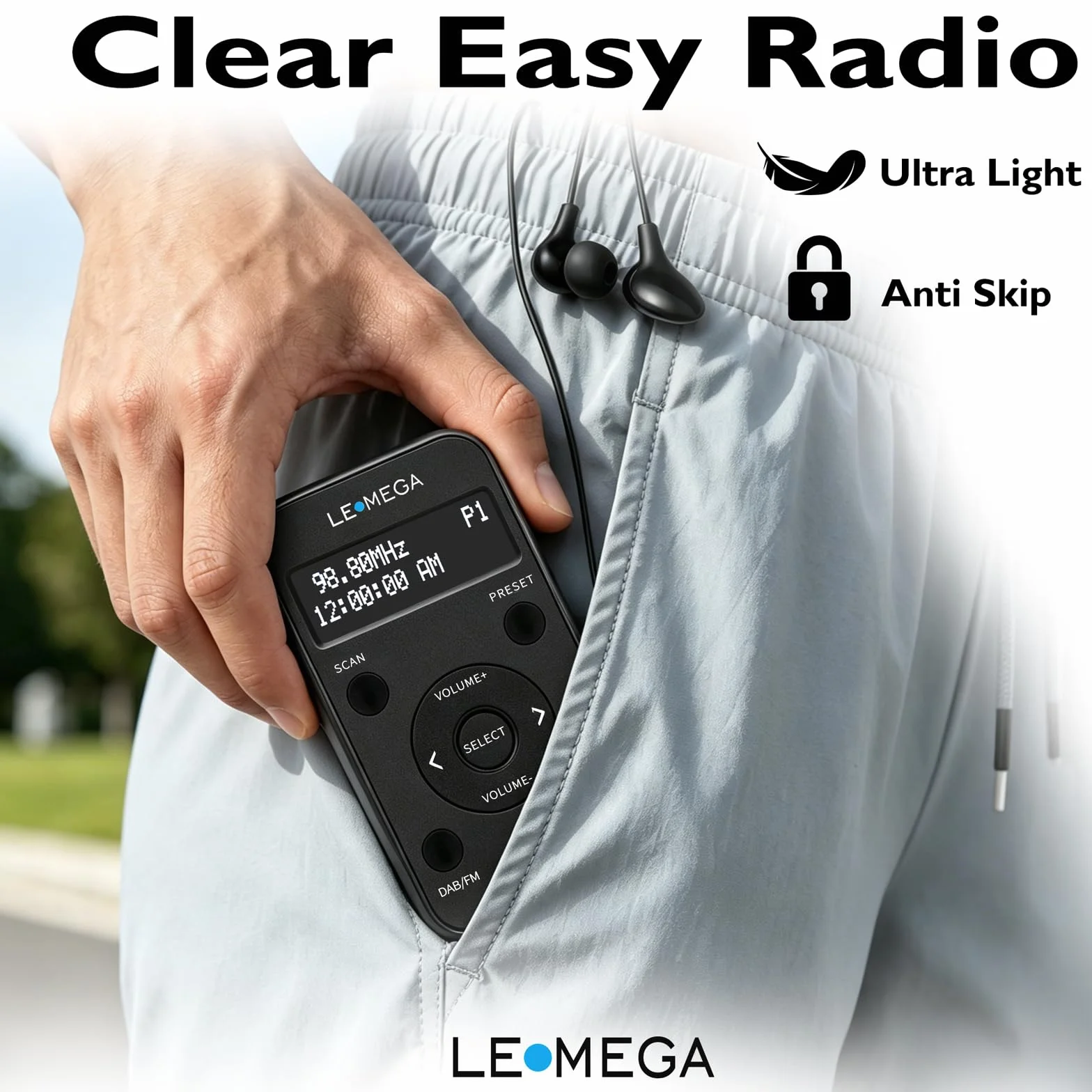 LEMEGA PR1L Radio Dab de Bolsillo, Radio FM, Radio Dab+ portátil, Auriculares incluidos, batería Recargable, 40 presintonías, Pantalla LCD, Radio Dab Deportiva con Interruptor bloqueable. Negro