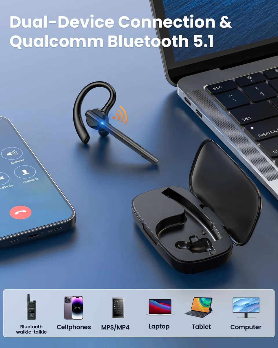 New Bee Auriculares Manos Libres Oreja Bluetooth con Doble Micrófono ENC Cancelación, Bluetooth V5.1 Auriculares Inalambricos Conexión de 2 Dispositivos 12hrs Talk Conducir/Oficina