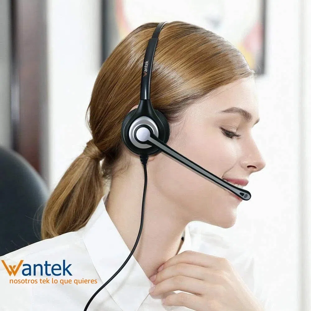 Auriculares Teléfono Fijo RJ9 Mono, Micrófono con Cancelación de Ruido, Quick Disconnect, WANTEK Cascos con Control de Volumen para ShoreTel Plantronics Polycom NEC Nortel Norstar Meridian(600QS2)