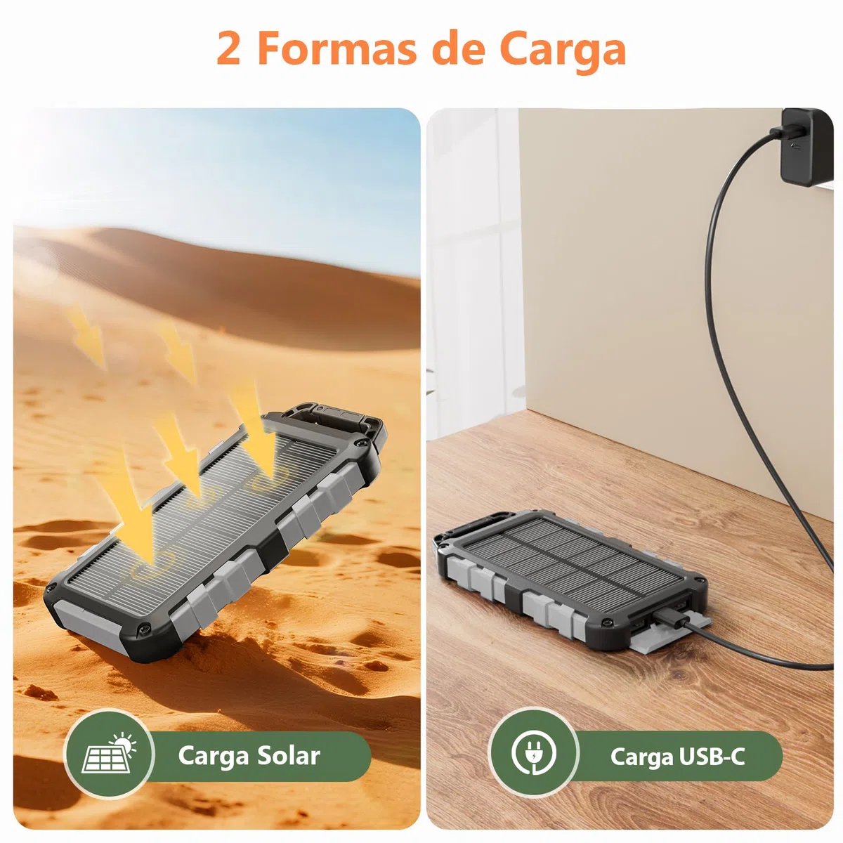 Cargador Solar 10000mAh, Power Bank Solar Batería Externa Portátil PD22.5W USB C Carga Rápida Impermeable 3 Salidas y 2 Entradas con Linterna LED para Moviles Tabletas Etc.