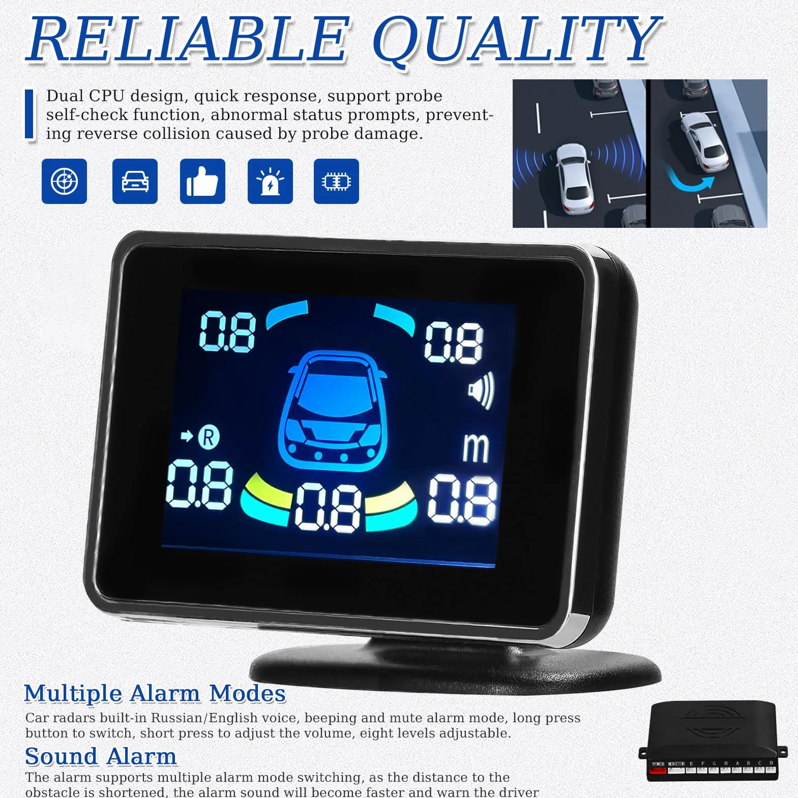 Shkalacar Sensores Aparcamiento Coche, Detector Radares para Coche, Parking Sensor con 8 Sensores, Pantalla LCD, Soporte Delantero y Trasero, Advertencia de Sonido/Zumbador/Silencio
