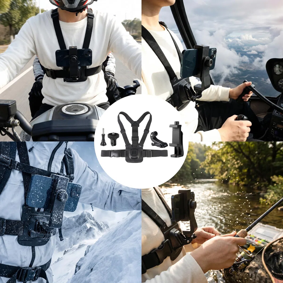 HSU Soporte para teléfono móvil con correa para el pecho, con cierre rápido J-Hook Clip para cámara de acción y soporte para teléfono móvil, set de accesorios para grabación de vídeo POV/VLOG
