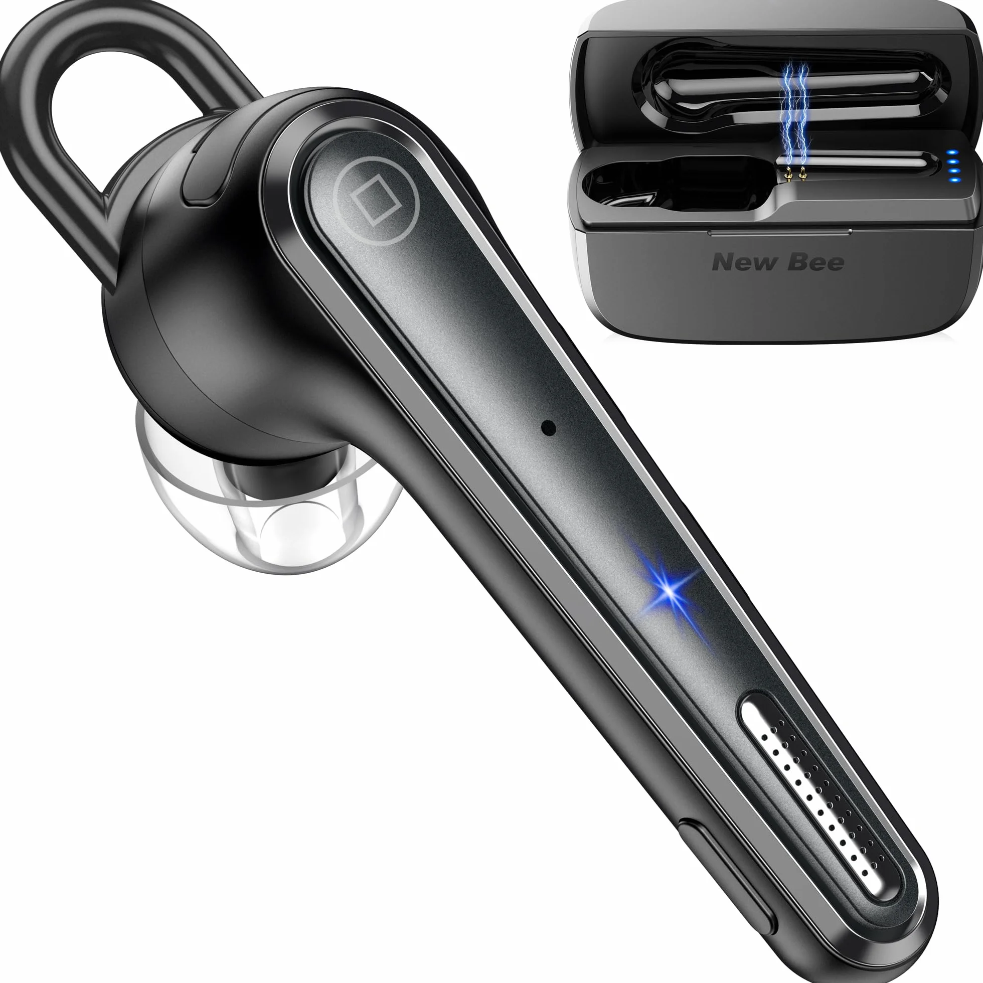 New Bee Auriculares Manos Libres Bluetooth V5.1 con 50 Horas de Conversación,Ultraligero Manos Libres Oreja con ENC Doble Micrófono Cancelación, Conexión de Dos Dispositivos para Conducir/Negocios