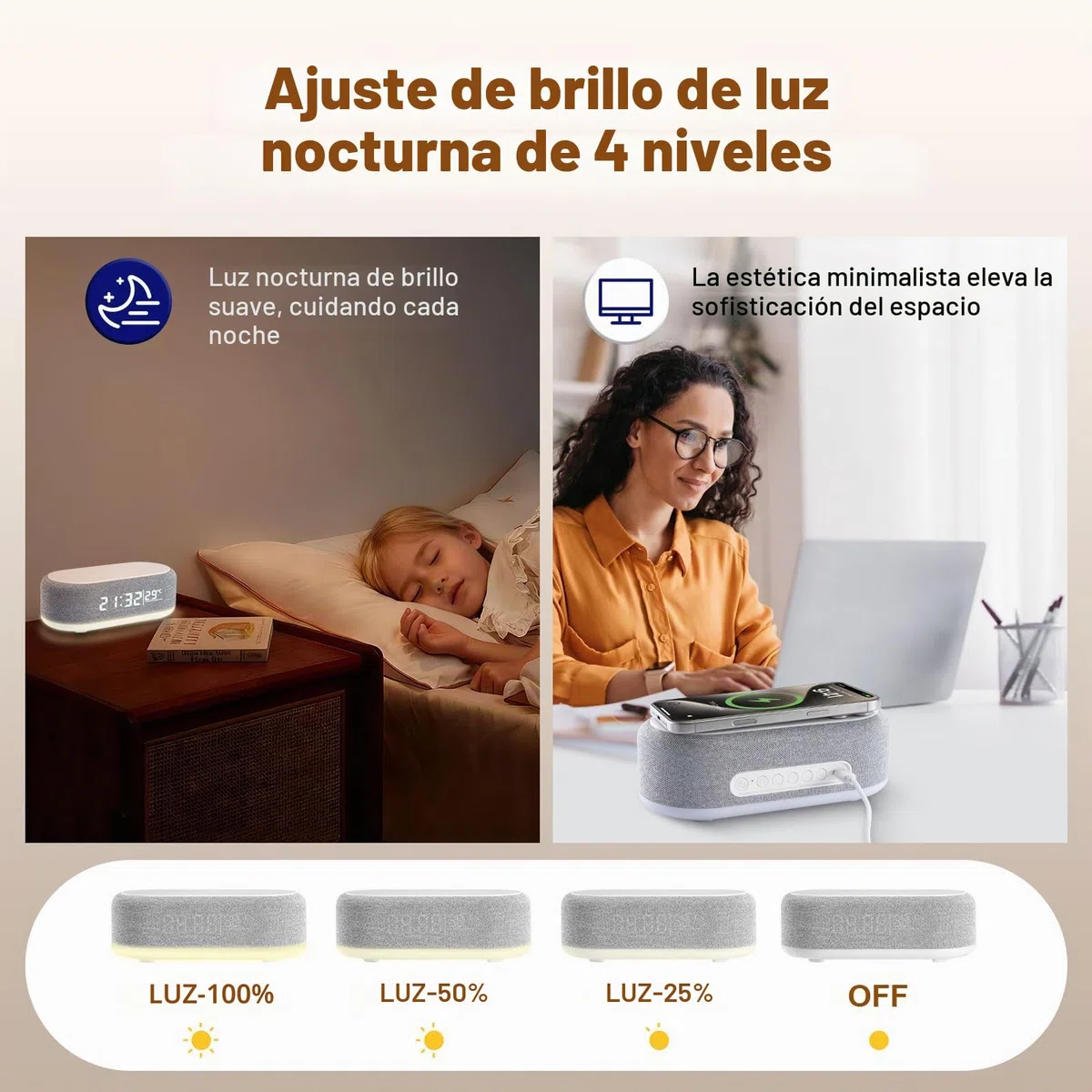 Despertador Digital 4 en 1, Cargador Inalámbrico, Despertador Inteligente con indicador de luz y Temperatura, Brillo Ajustable