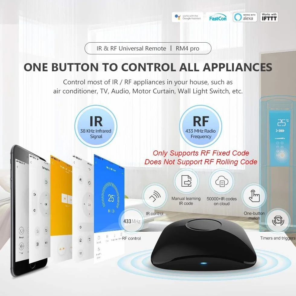BroadLink RM4 Pro IR y RF Mando a Distancia Universal, Code Learning - Mando a Distancia WiFi para el hogar Inteligente y Dispositivos - para TV, AC, Motor de Cortina - Compatible con Alexa