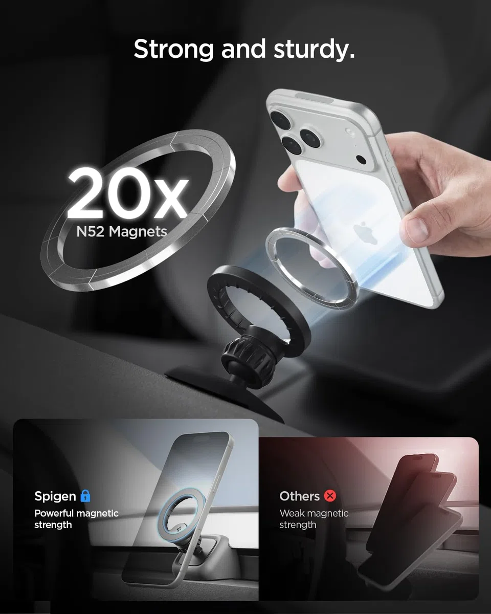 Spigen Tesla Model Y Juniper 2025~ & Model 3 Highland 2024~ (Solo Standard & Premium, NO Compatible con Performance) Soporte Movil Coche MagSafe, Accesorios Tesla Compatible con iPhone 17 17e 16 15 13