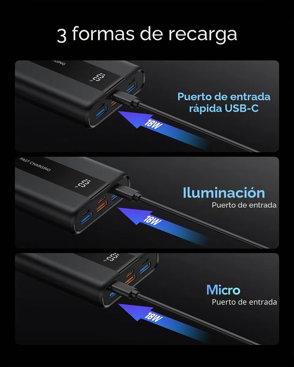 VRURC Power Bank, 22,5W Mini 20000mAh Bateria Externa Carga Rapida, USB C In/out Powerbank con 3 Entrada & 4 Salida, Fast Chagring Cargador Portatil Compatible con iPhone 17 16 15 Pro MAX/iPad/Xiaomi