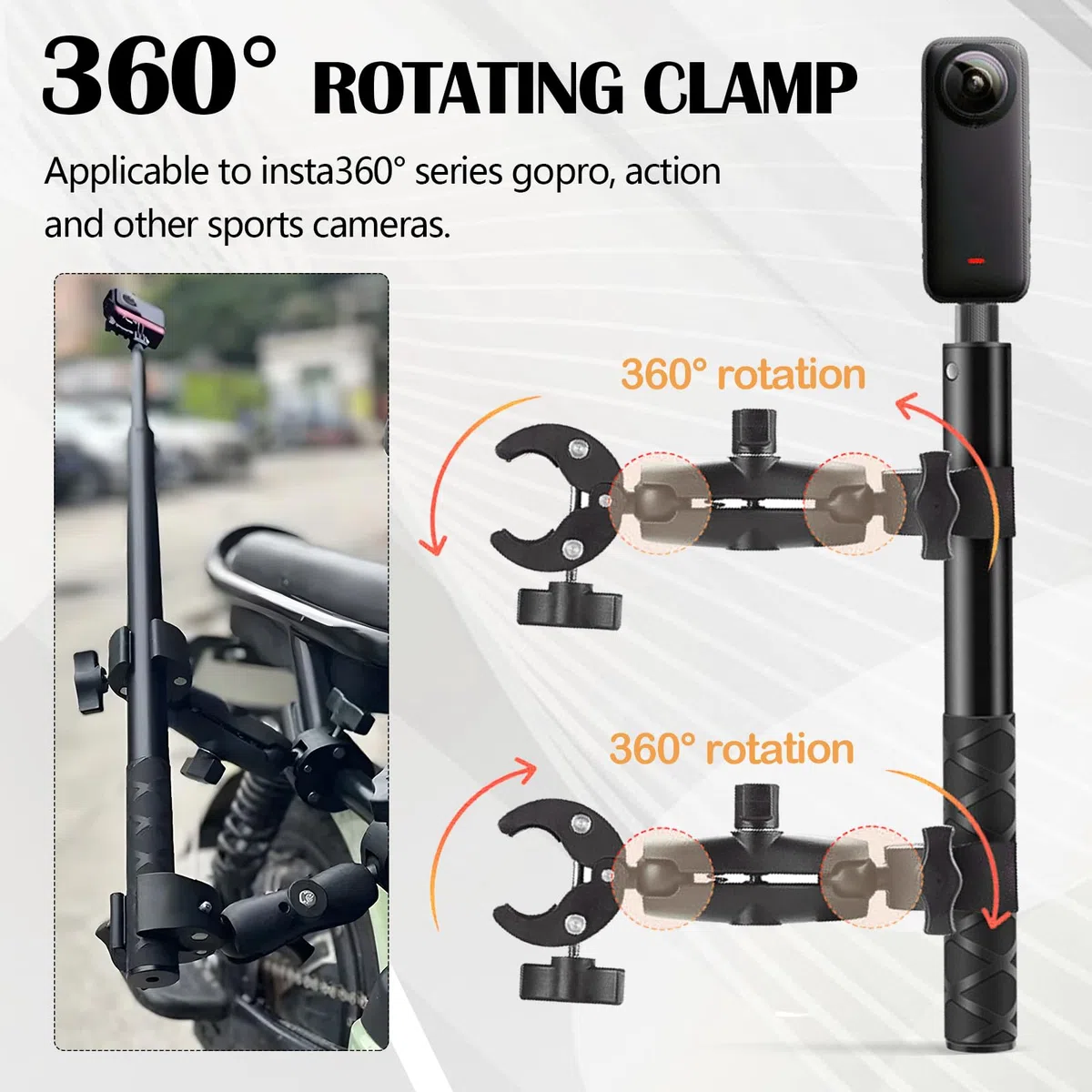 Soporte para Insta360 x4 Cámara Acción en Motocicleta, Accesorios Kit para Insta360 X4 X3 X2 con Rotación de 360 ​​Grados, Doble Abrazadera y Doble Estabilidad, Palo Selfie para Manillar Motocicleta