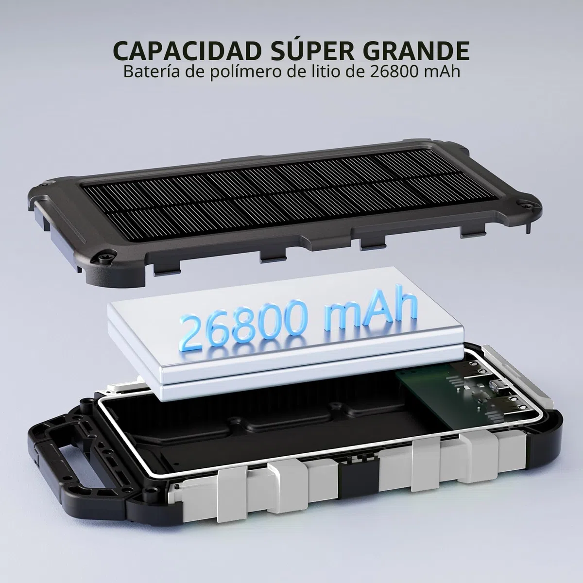 TOENNESEN Cargador Solar 26800 mAh Power Bank Solar, Bateria Externa con Carga Rápida 15 W Impermeable IPX4 2 Puertos USB + Linterna LED Compatible con Smartphones Tablets Camping y Emergencias, Gris
