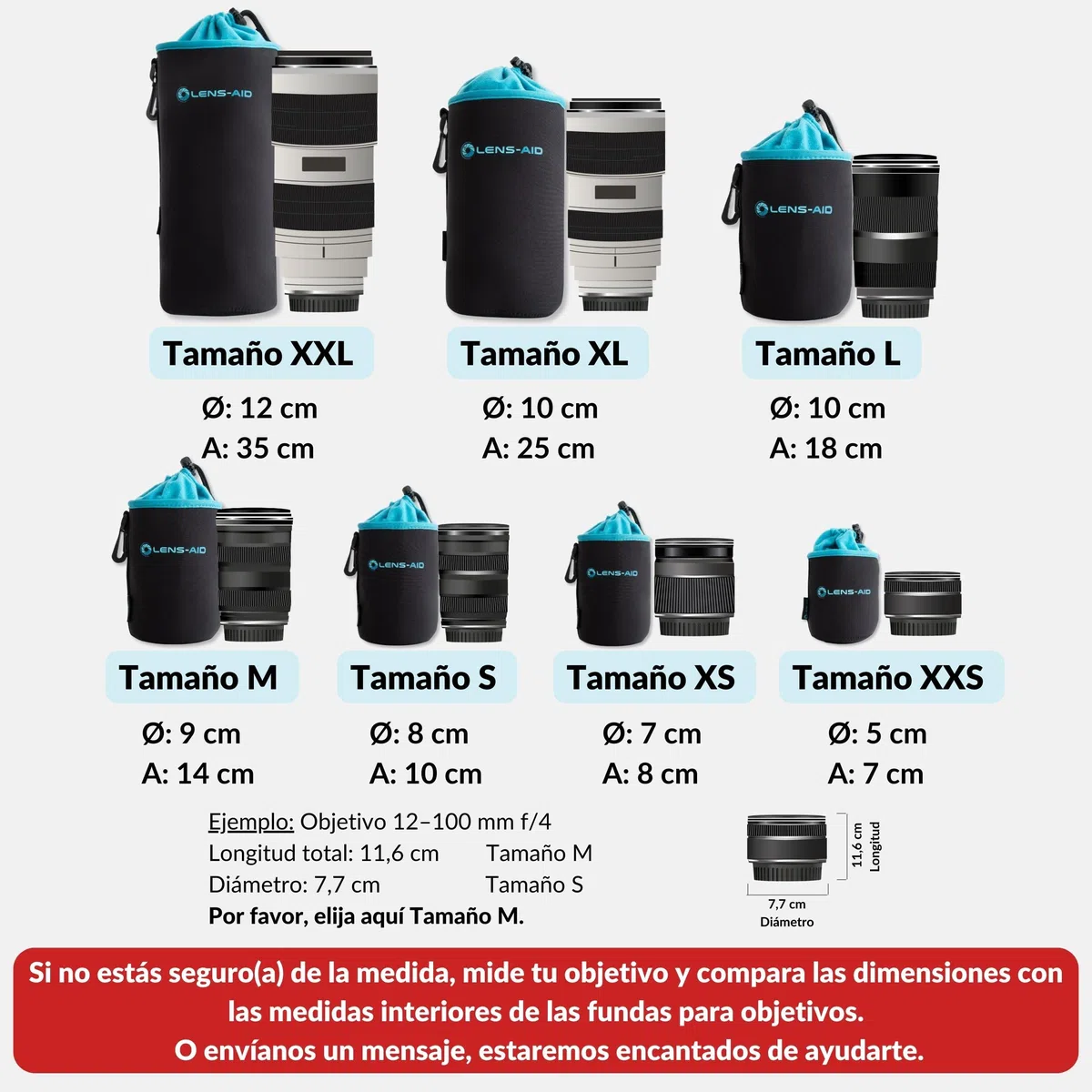 LENS-AID - Funda para Lentes de cámara de Neopreno con Forro Polar: Funda, Bolsillo para Proteger Lentes con cordón, Negro, Juego de 3 (XXS, XS,S), Moderno